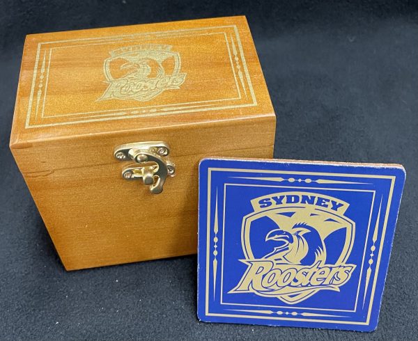 NRL Licensed Roosters Coasters in Wooden Box